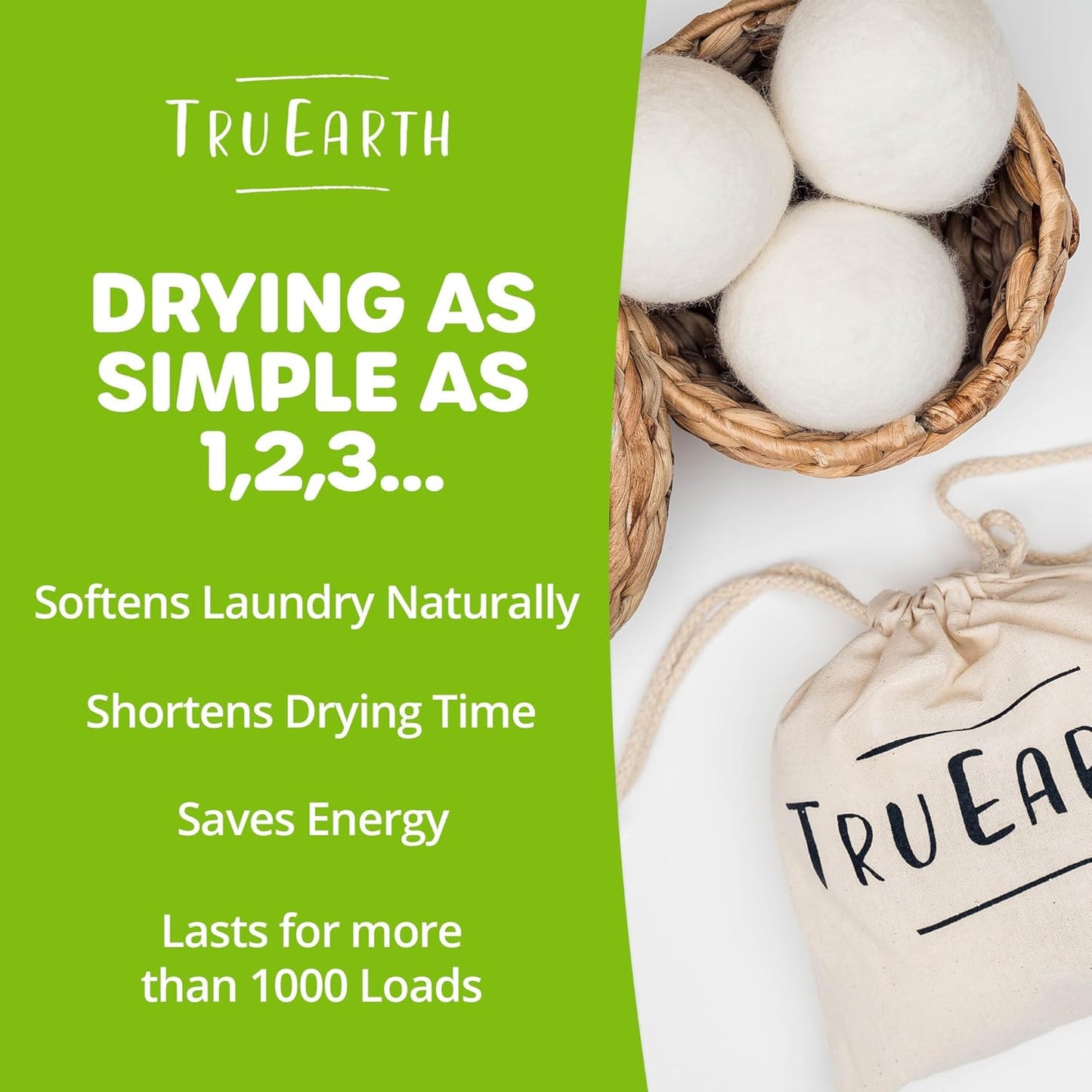 Tru Earth Wool Dryer Balls, Set of 4 XL 100% Wool Anti-Static Balls for Laundry, Reusable & All