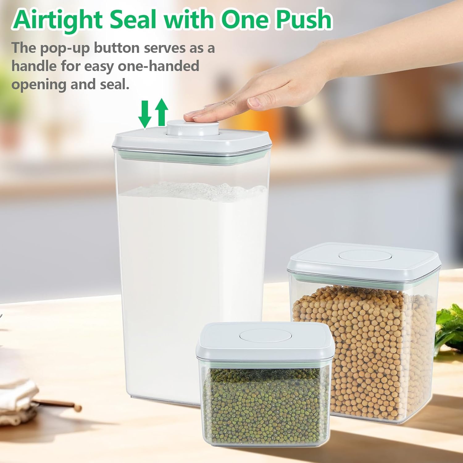 3 Pack Flour and Sugar Storage Containers with Pop-up Lid, 1.26Qt + 2.11Qt + 3.48Qt Food Storage