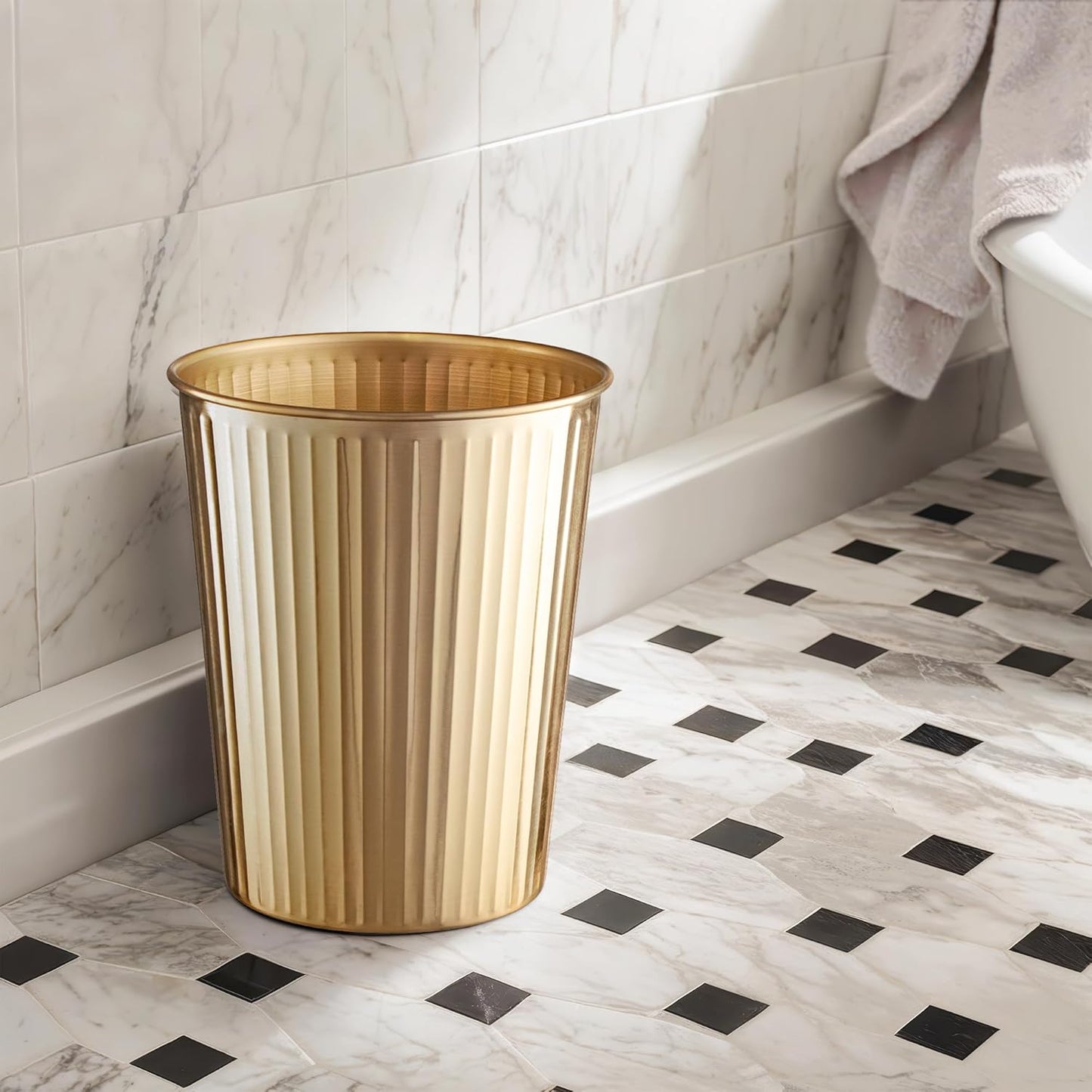 Monarch Abode Brushed Gold Handcrafted Ridge Embossed Metal Wastebasket for Home Office, Decorative