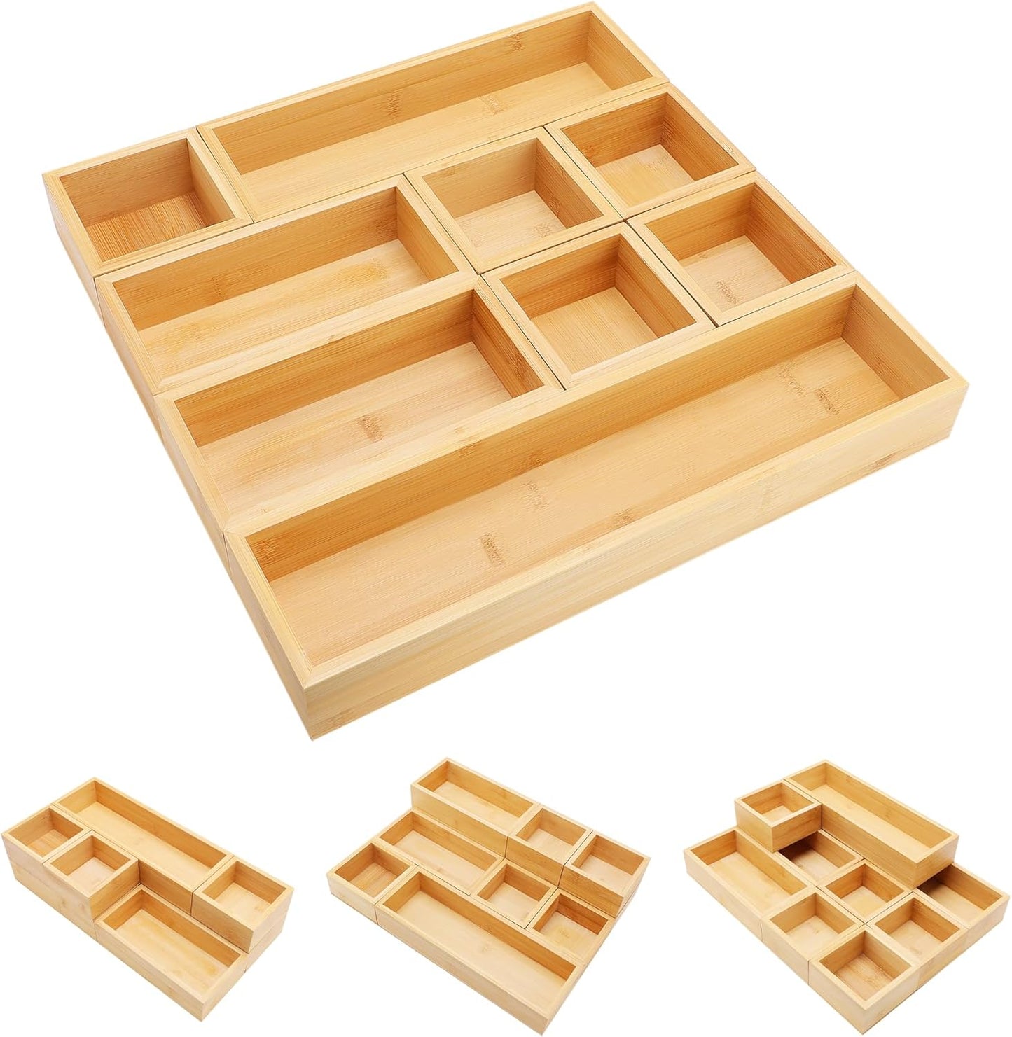 Bamboo Drawer Organizer Set, 9 PCS Multi-Use Individual Wood Storage Organizers, Junk Drawer