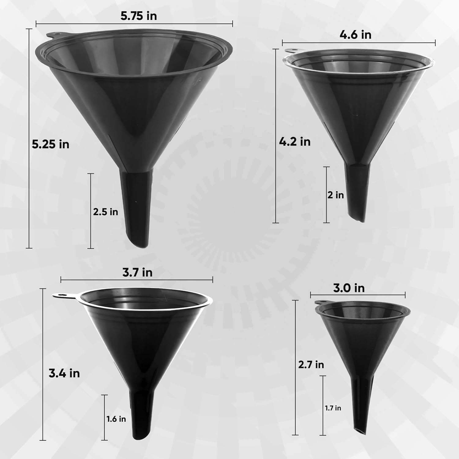 Funnels for Kitchen Use – Black Set in 4 Sizes (122, 101, 76 & 50mm) | Durable, Non-Toxic Food