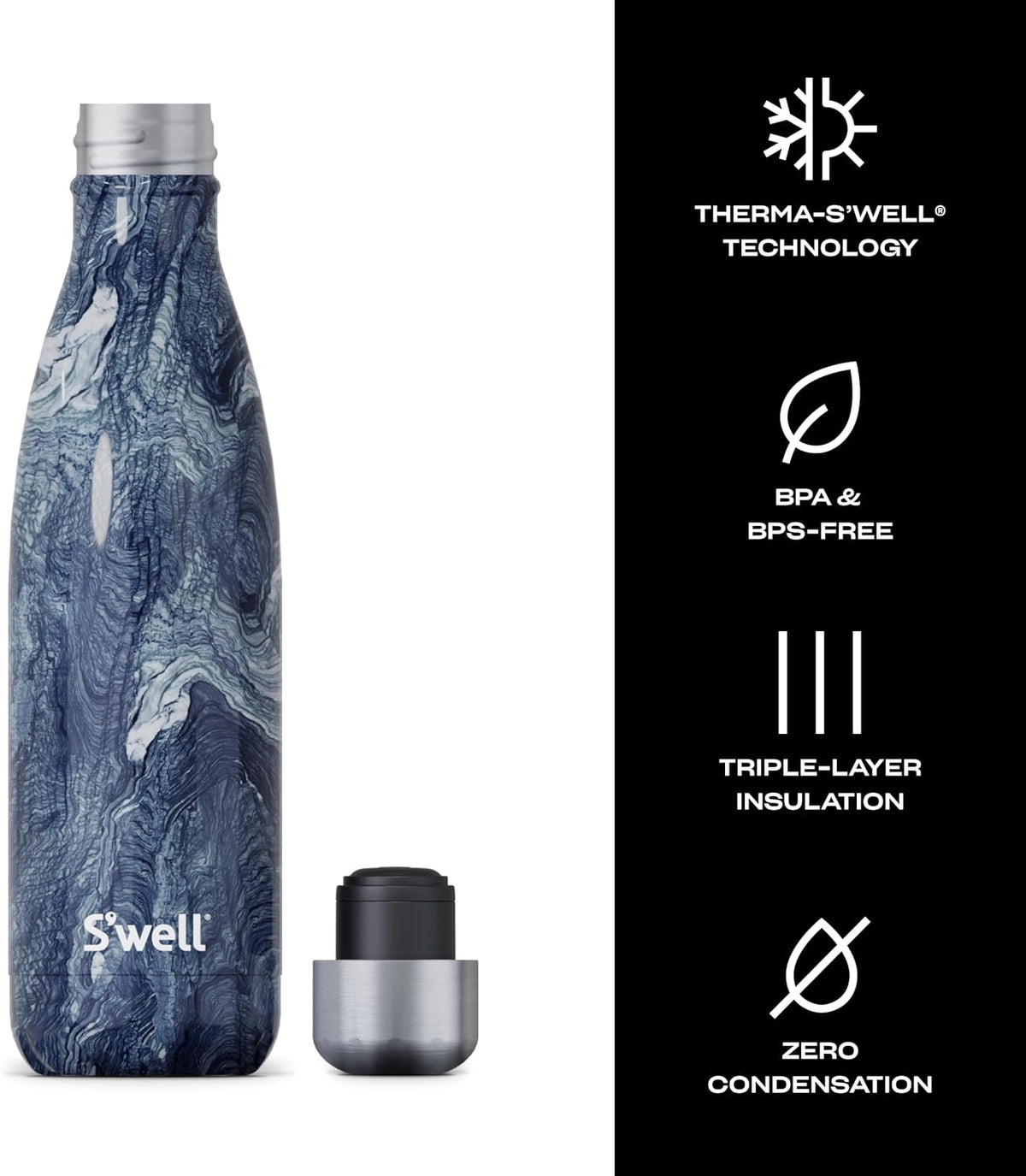 S'well Stainless Steel Water Bottle, 17oz, Azurite Marble, Triple Layered Vacuum Insulated
