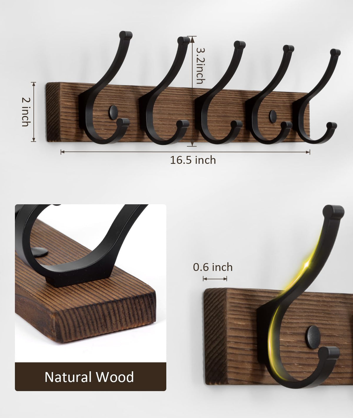 Optish Coat Rack Wall Mount, 16.5 Inches Wood Coat Hooks, Wall Hooks for Hanging, Hat Rack Bag