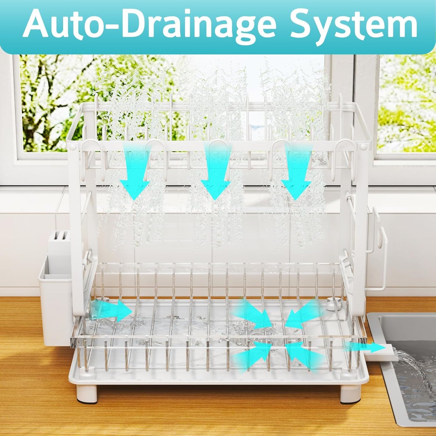 Multifunctional Dish Drying Rack - Rustproof, 2-Tier Dish Racks with Drainboard, Space-Saving