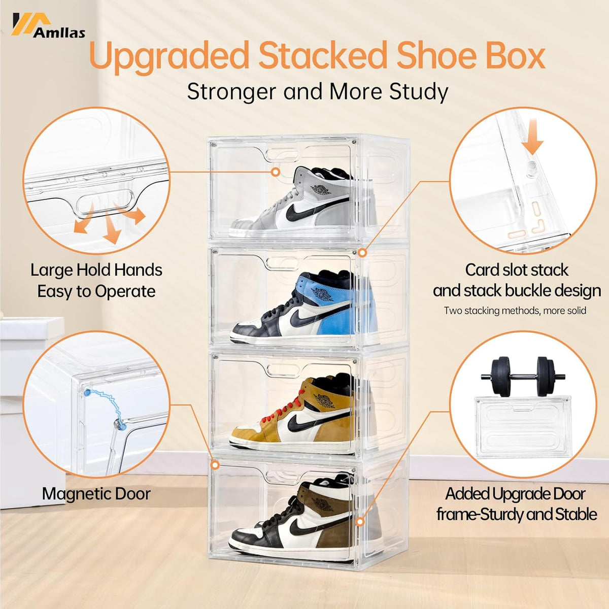 8 Pack Shoe Boxes Clear Plastic Stackable, Large Shoe Storage Organizer with Lids,Drop Side Shoe