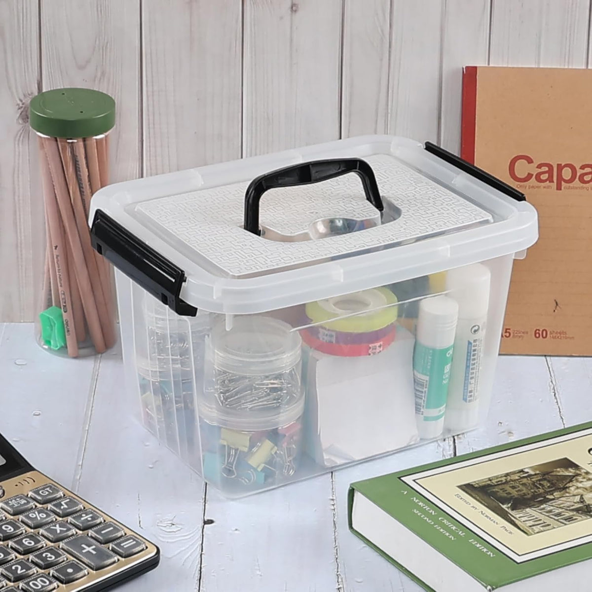 4 Packs Plastic Stackable Storage Container Bin with Lid and Latch, Plastic Latching Box with