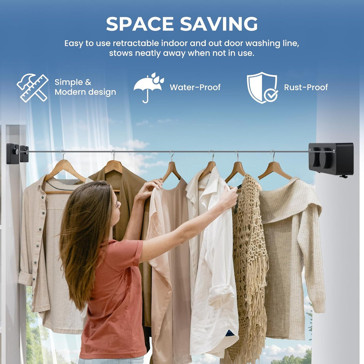 Retractable Clothesline Indoor Outside Heavy-Duty, Upgrade 304 Double Stainless Steel Shower Room