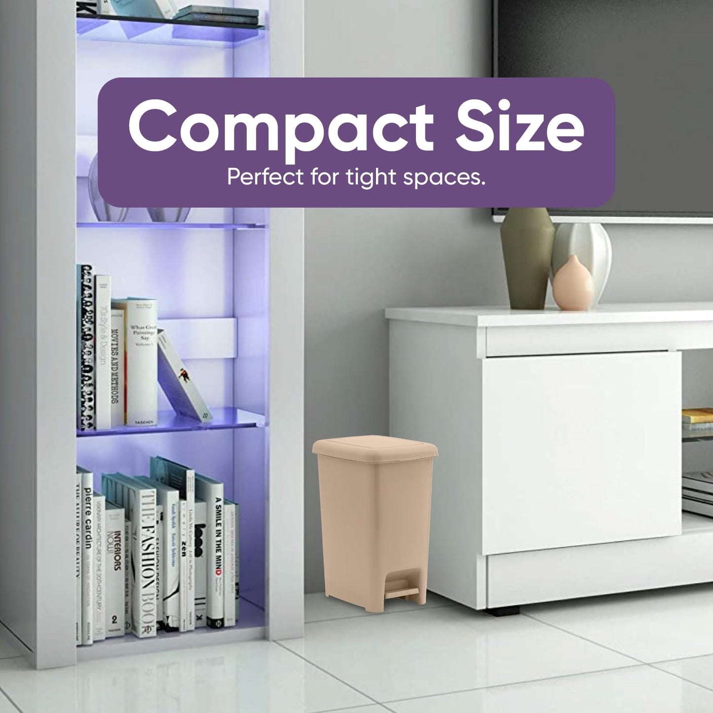 Superio Slim Step On Trash Can, Beige Waste Bin with Foot Pedal Lid 26 Liter, Kitchen, Under Desk