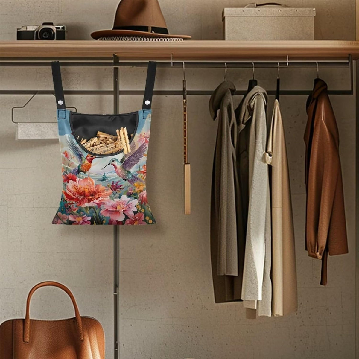 Hummingbird Hibiscu Large Capacity 14.5 x 12 Inch Clothespin Bag with Hanging Hook Waterproof