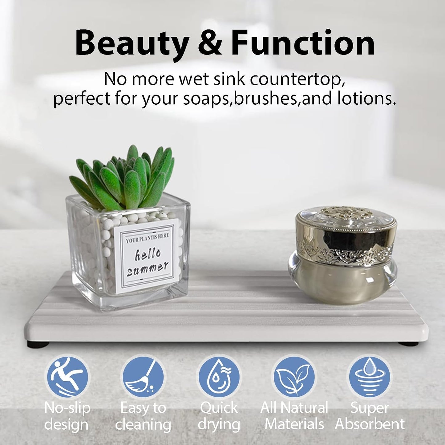 2 PCS Water Absorbing Stone Trays for Bathroom Sink & Kitchen Counter, Fast-Drying Diatomite Sink