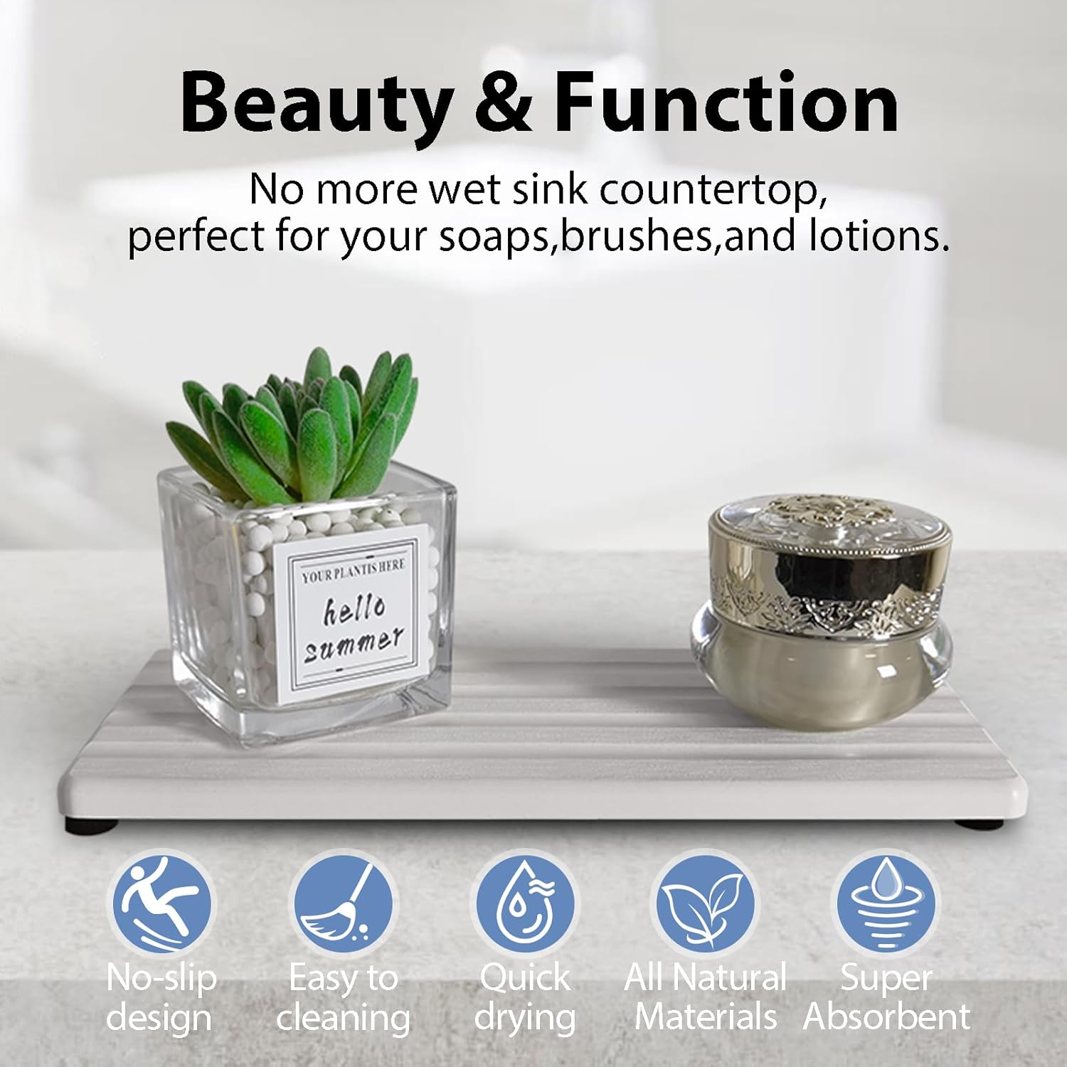 2 PCS Water Absorbing Stone Trays for Bathroom Sink & Kitchen Counter, Fast-Drying Diatomite Sink