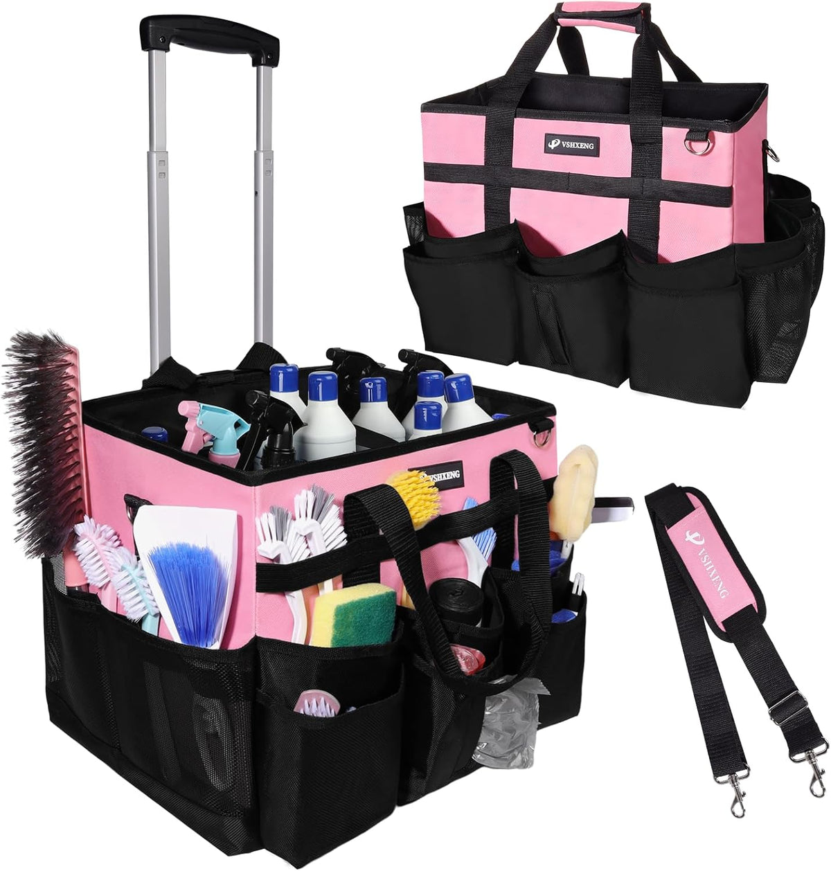 Large Rolling Cleaning Caddy Bag with Wheels, with Detachable Trolley, Cleaning Bags on Wheels for