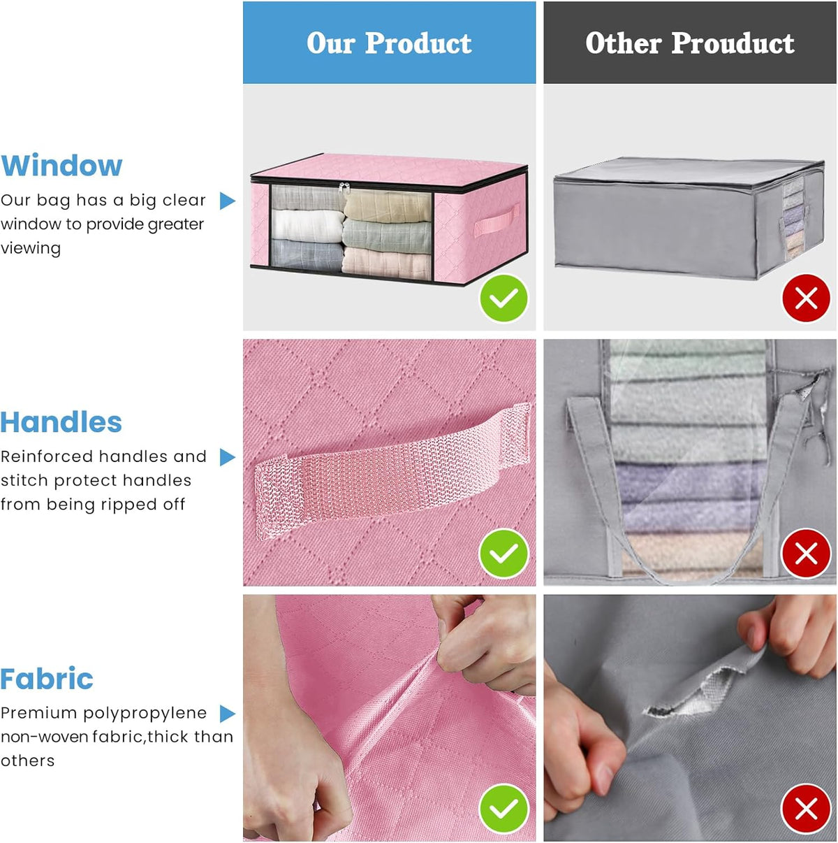 HomeHacks Storage 3-Pack Clothes Organizer Storage Bags Foldable Storage Box with Large Clear