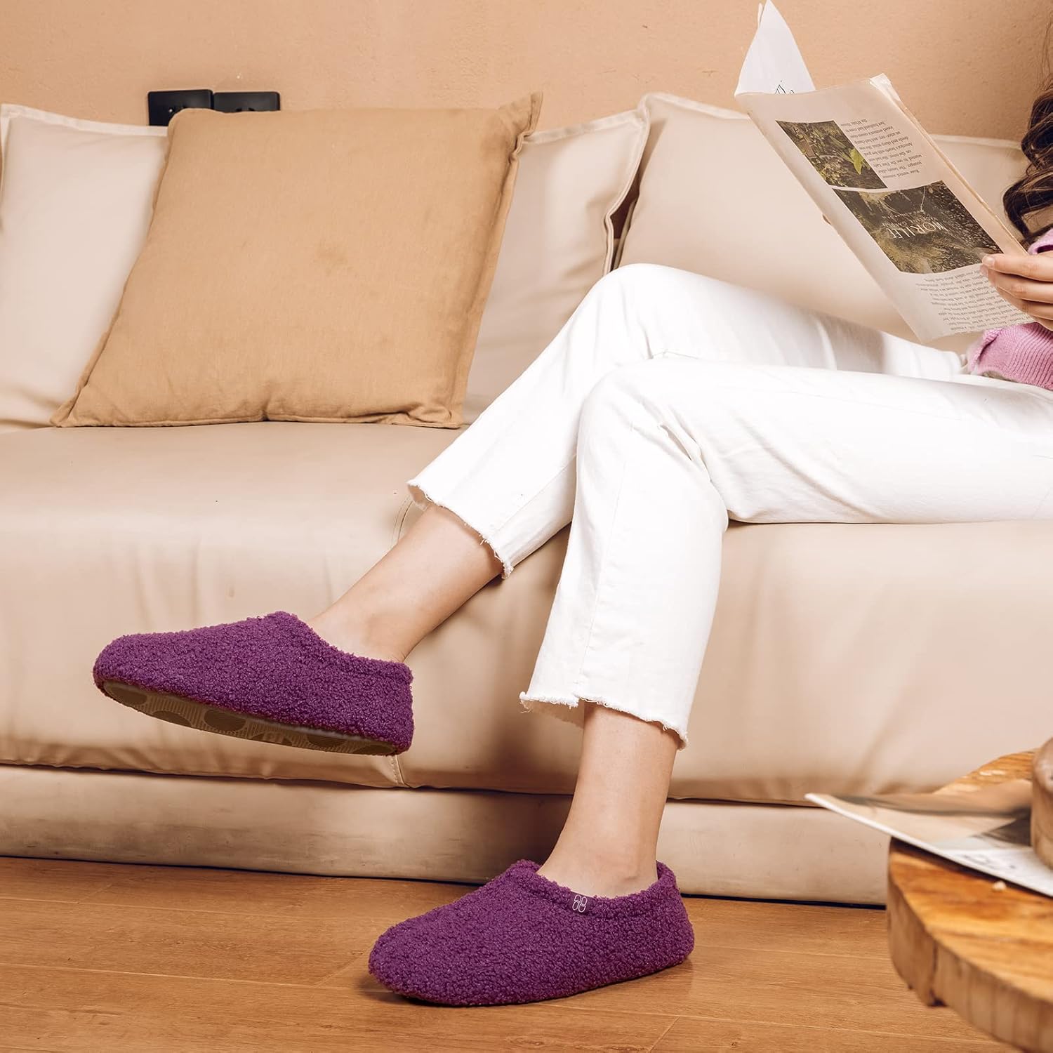 HomeTop Women's Fuzzy Curly Fur Memory Foam Loafer Slippers with Polar Fleece Lining