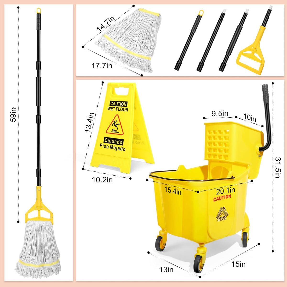 38 Qt Commercial Mop Bucket with Side Press Wringer on Wheels and Mops Set for Floor