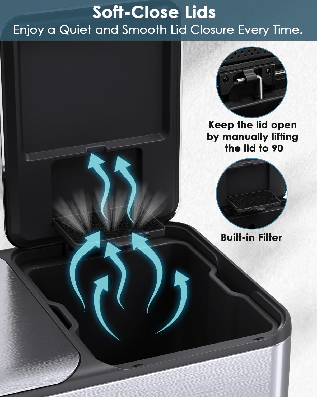 Arlopu 16Gal Dual Trash Can w/2 Built-in Box for Odor Control, Hands-Free Kitchen Garbage Bin