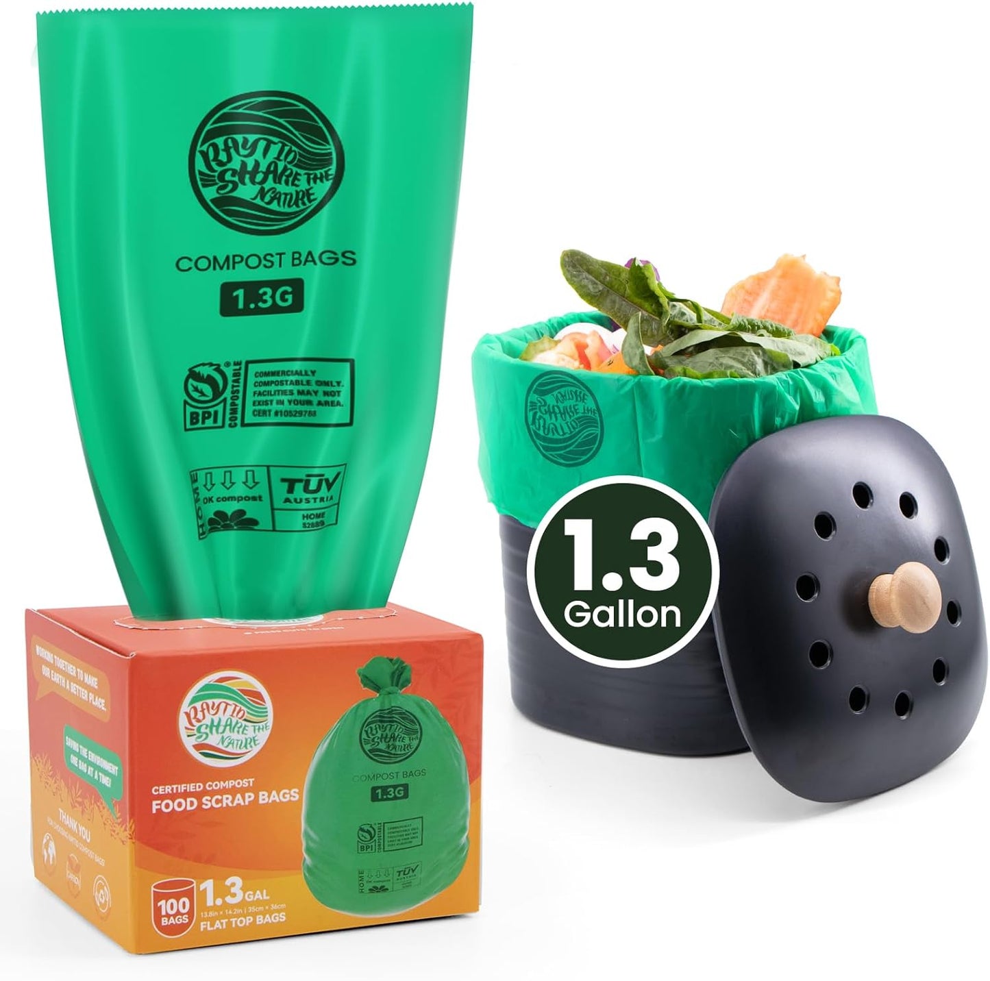 Compost Bags 1.3 Gallon,100 Count,Compostable Small Trash Bags for Kitchen Countertop Compost Bin
