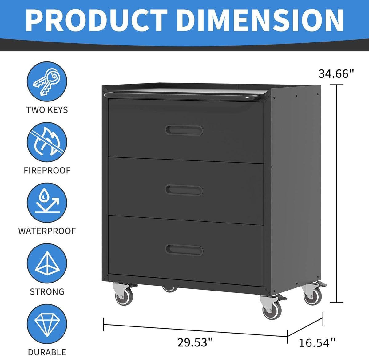 Metal Storage Cabinet with Wheels, Garage Storage Cabinet with 3 Drawers, Rolling Tool Storage