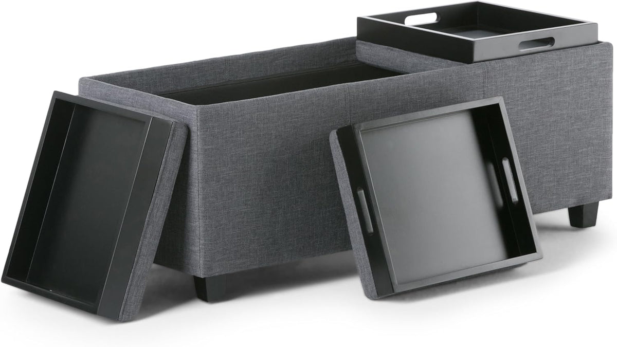 SIMPLIHOME Avalon 42 Inch Wide Contemporary Rectangle Storage Ottoman in Slate Grey Linen Look