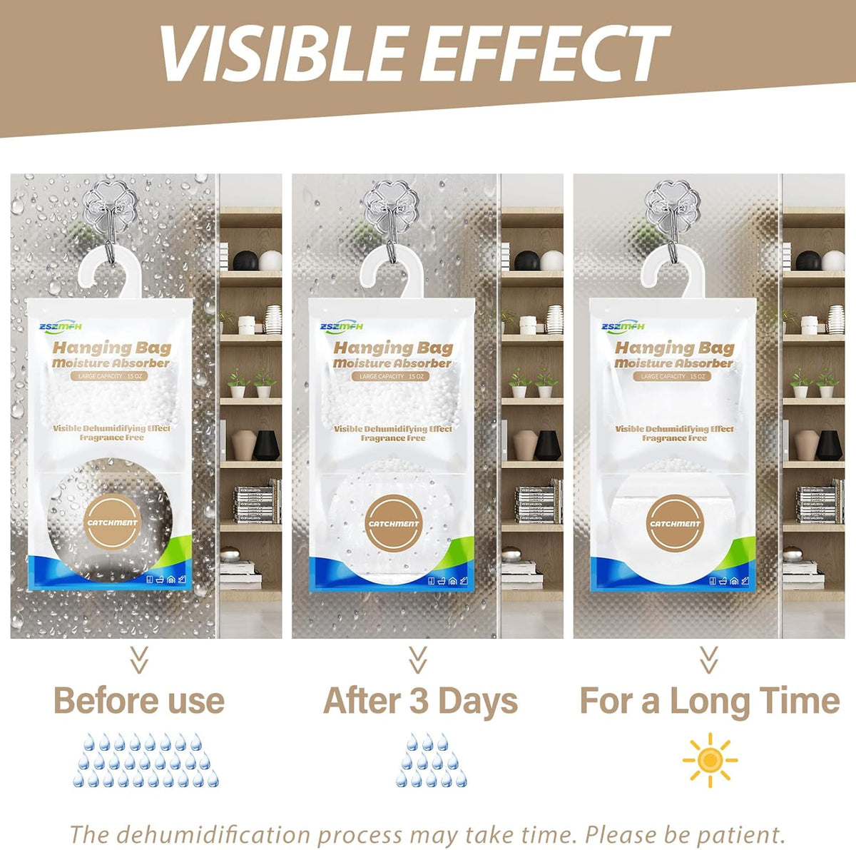 ZSZMFH 8 Pack Moisture Absorber Hanging Bags, Fragrance Free Humidity Packs, 15 OZ Dehumidifier