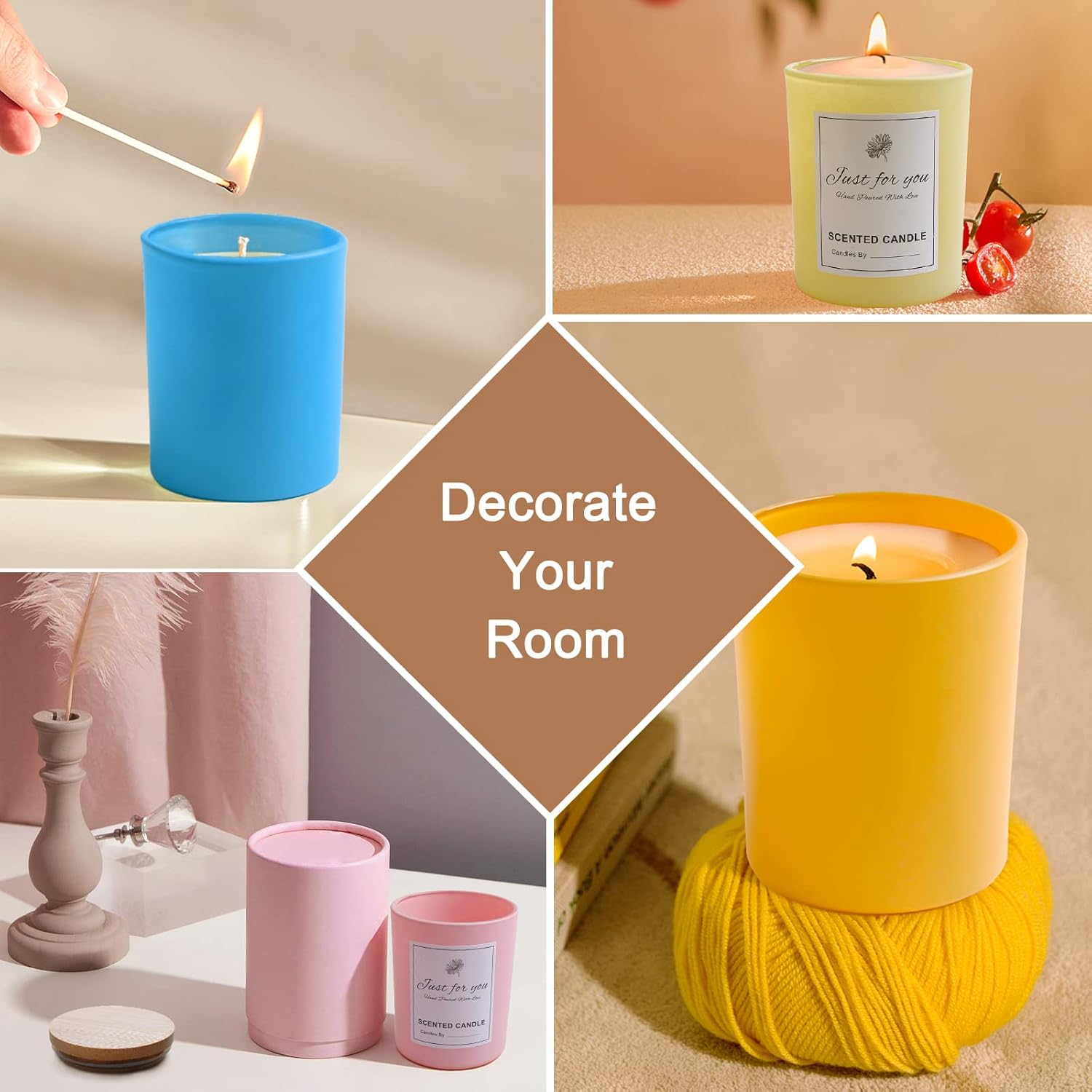 CONNOO 15 Pack Colorful Glass Candle Jars with Bamboo Lids for Making Candles, 7 oz Empty Candle