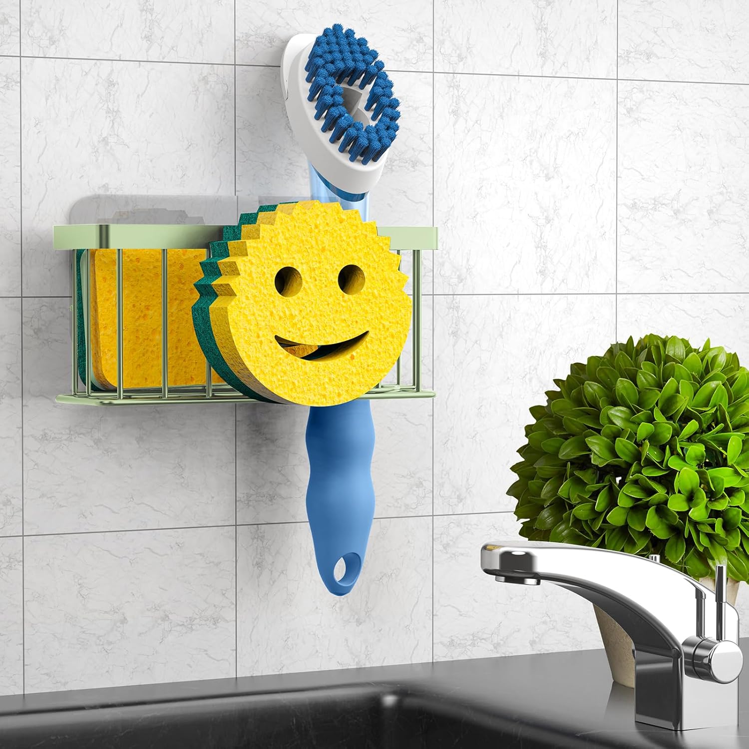 Sponge Holder Smiley Face,Sink Caddy,Sink Organizer with 2 Suction Cups/1 Adhesive Strips,Designed