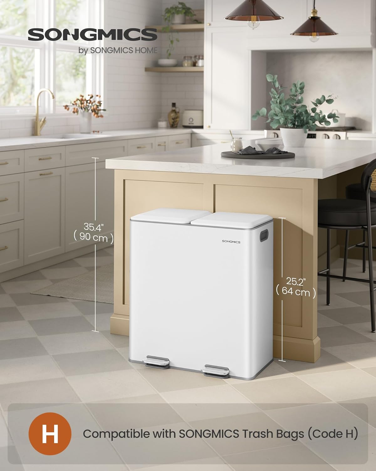 SONGMICS Trash Can, 2 x 8 Gallon (2 x 30 L) Double Garbage Can with Soft-Close Lids, Removable