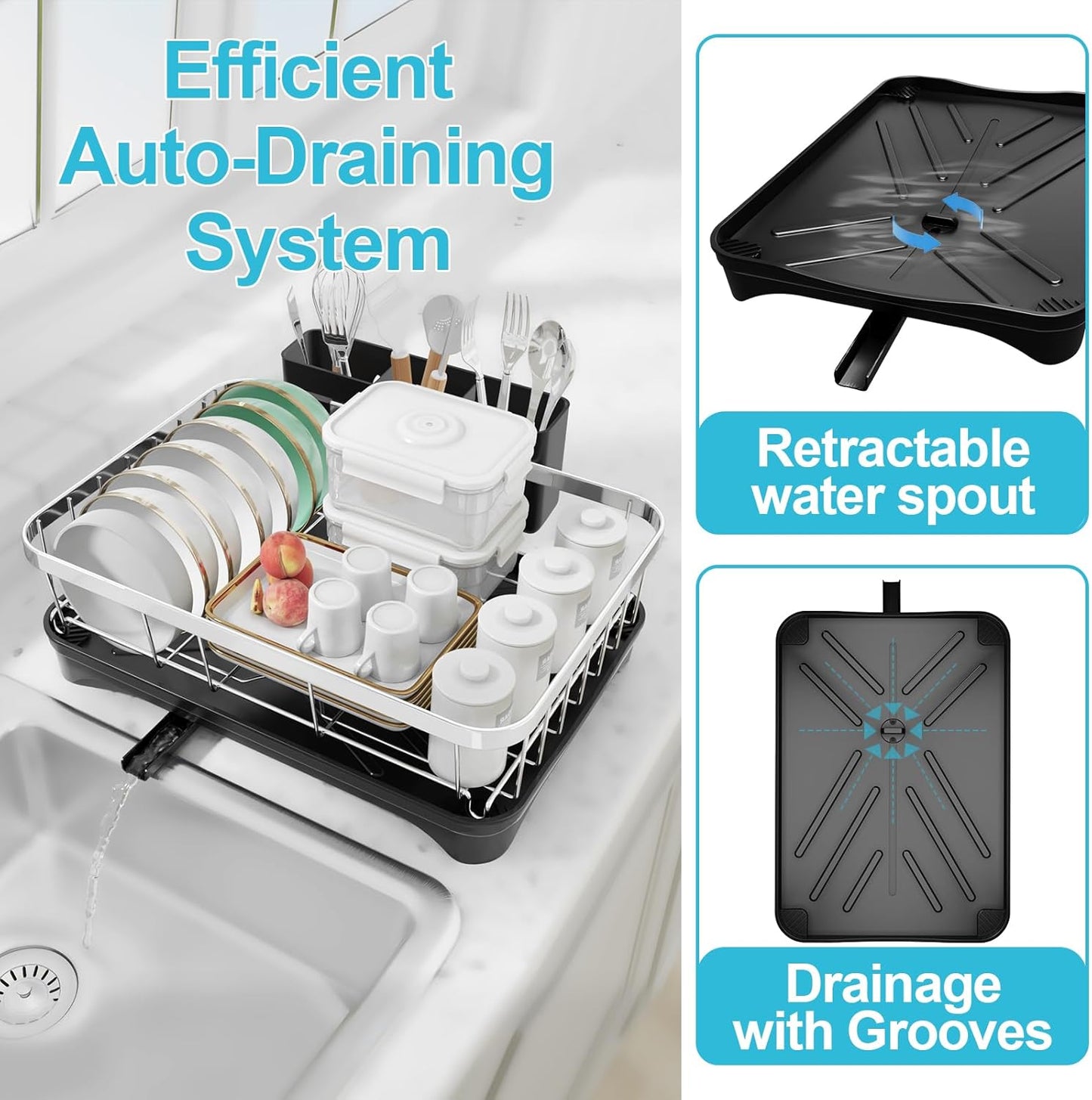 Dish Drying Rack 304 Stainless Steel Dish Rack with Drainboard,Space Spaving Auto-Draining Drying