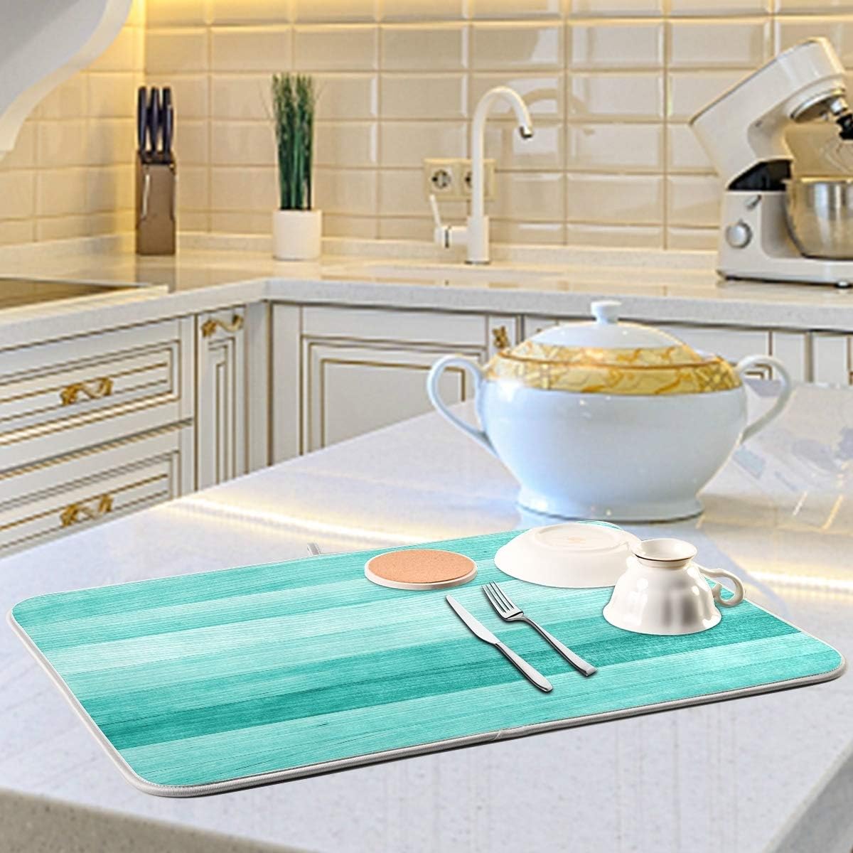 Teal Turquoise Green Wood Texture Dish Drying Mat 16x18 for Kitchen Green Blue Wooden Printing
