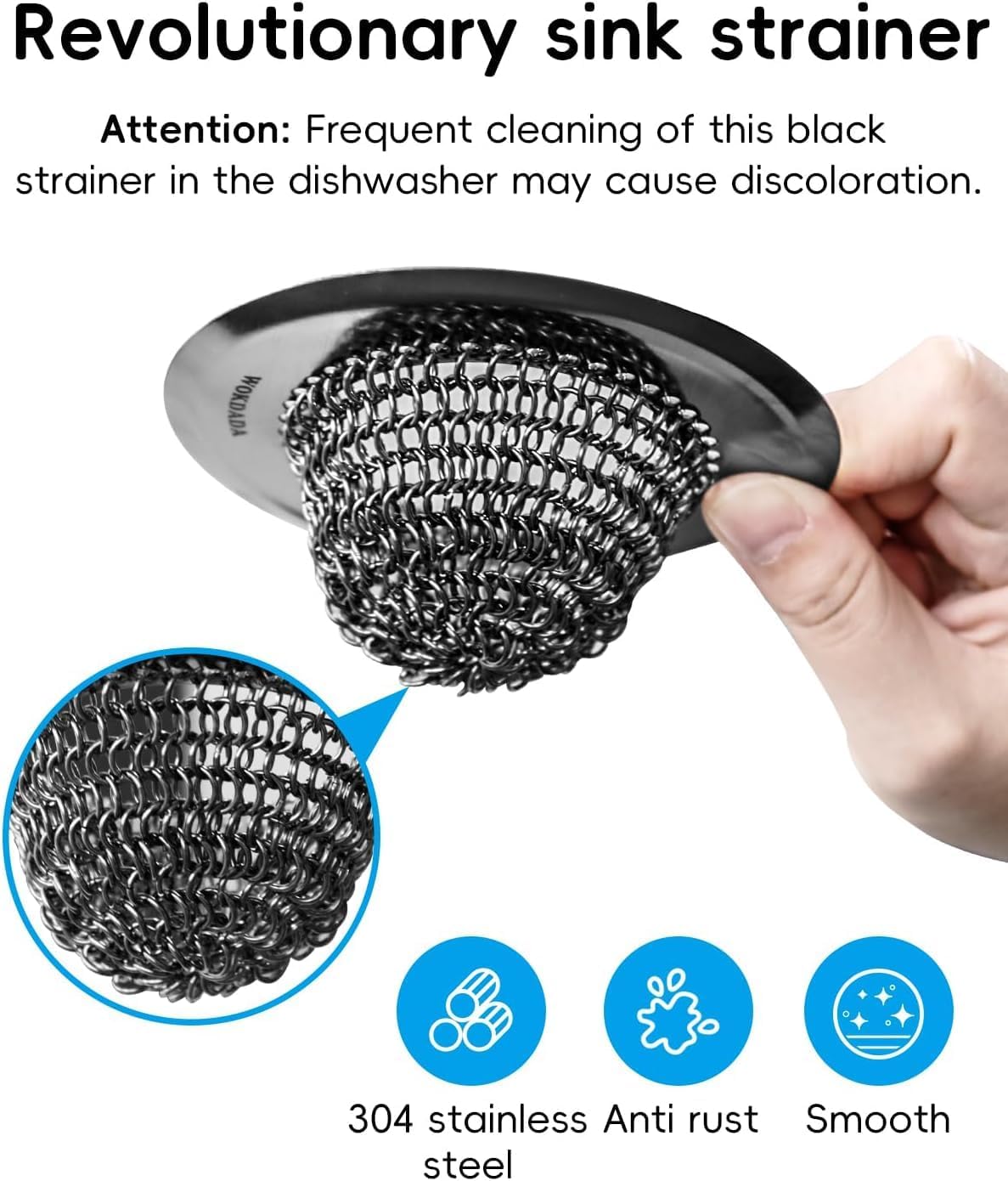Sink Drain Strainer (Black): Flexible Anti-Slip Chainlink, 304 Stainless Steel. Upgraded Clog-Free