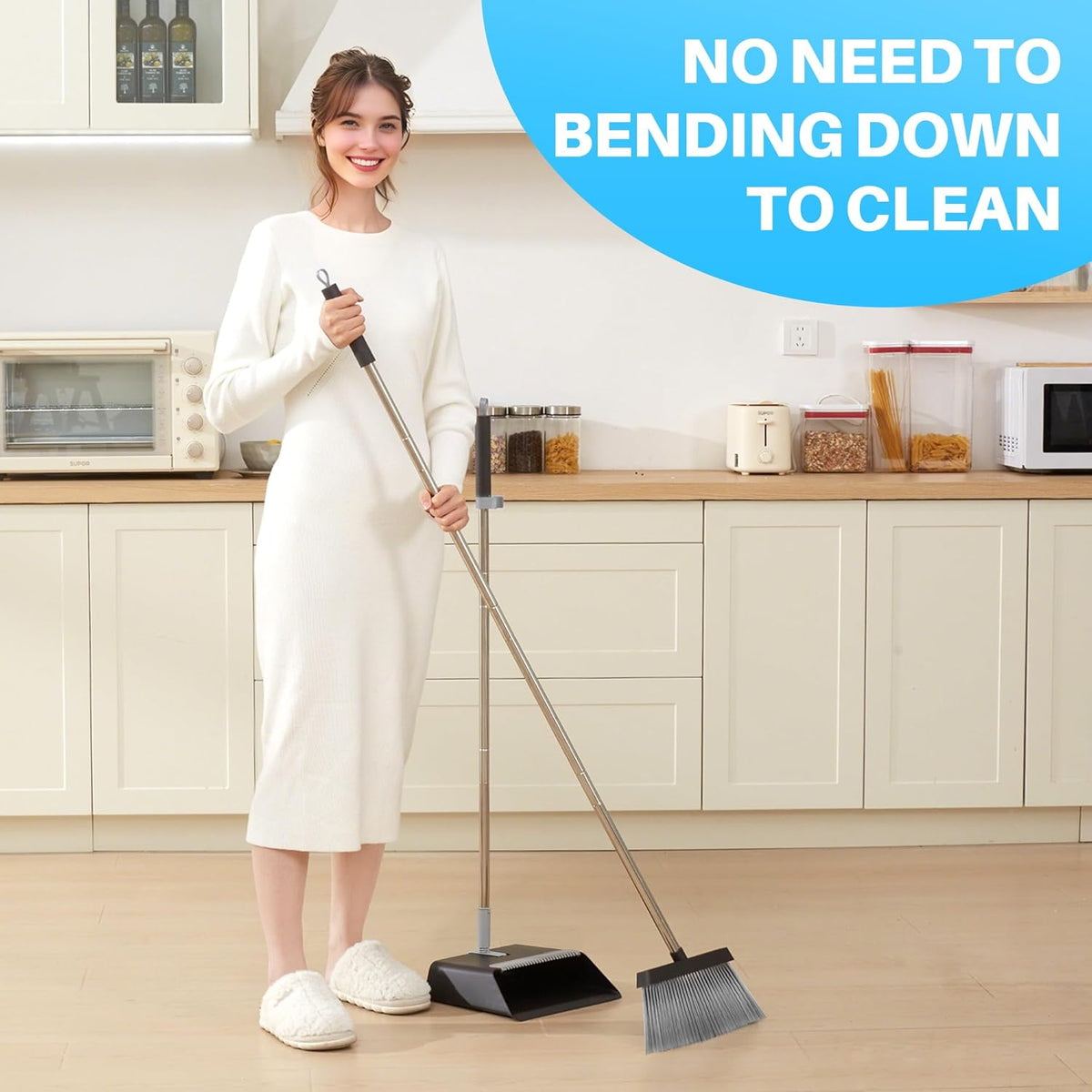 JOYMOOP Black Broom and Dustpan Set, Upright Angle Design with Built-in Comb Teeth for Home