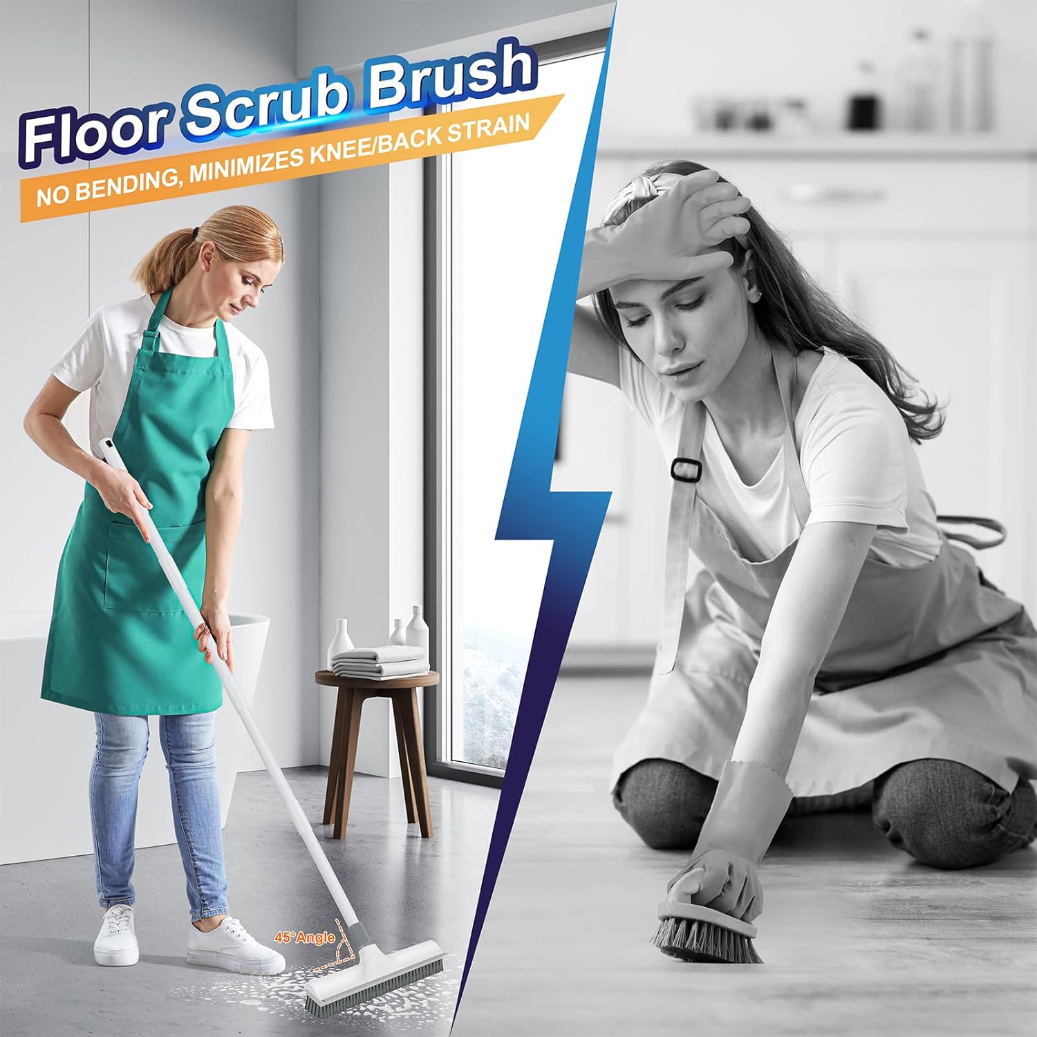 Floor Scrub Brush with 60 inch Long Handle, 2 in 1 Heavy Duty Stiff Bristle Floor Scrubber Brush