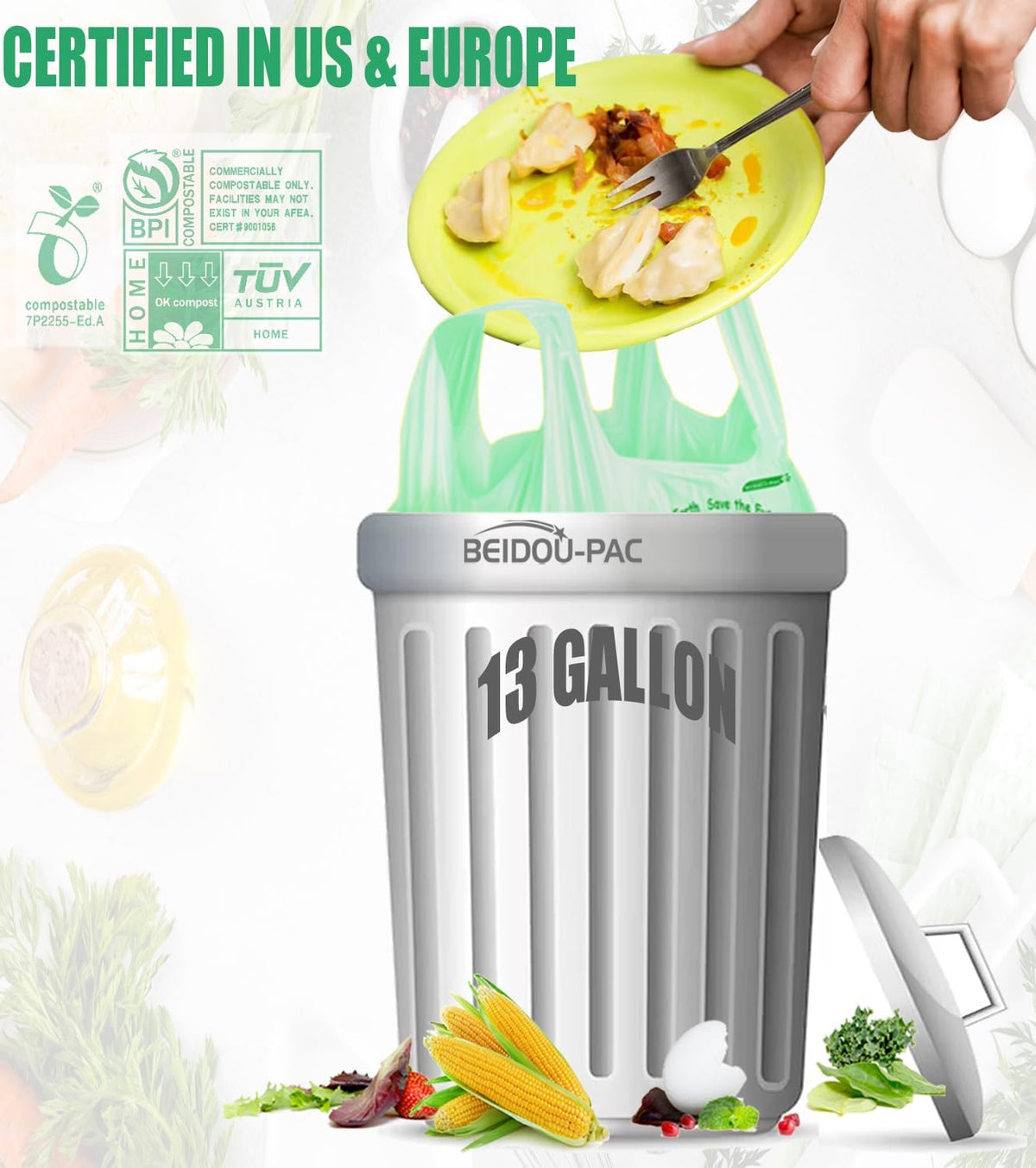 13 Gallon Compostable Tall Kitchen Trash Bags with Handle, 50 Count, Sturdy Biodegradable Garbage