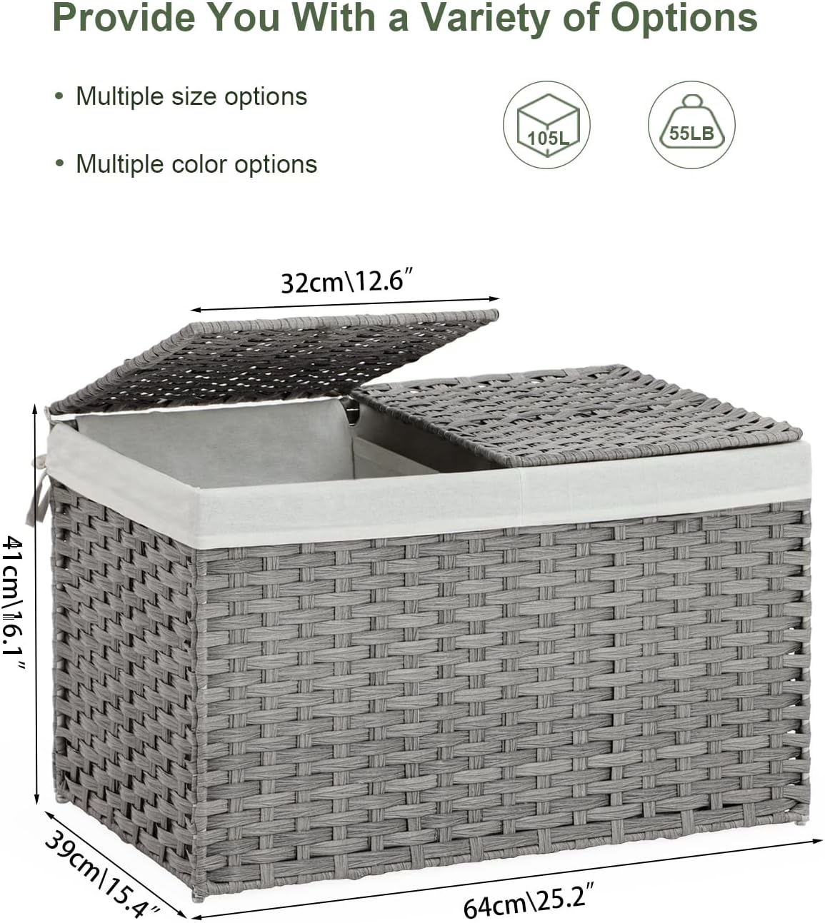 Storage Basket with Lid Rattan Storage Basket with 2 Separate Lid, 27.8 Gallon (105 L) 25.2 * 15.4