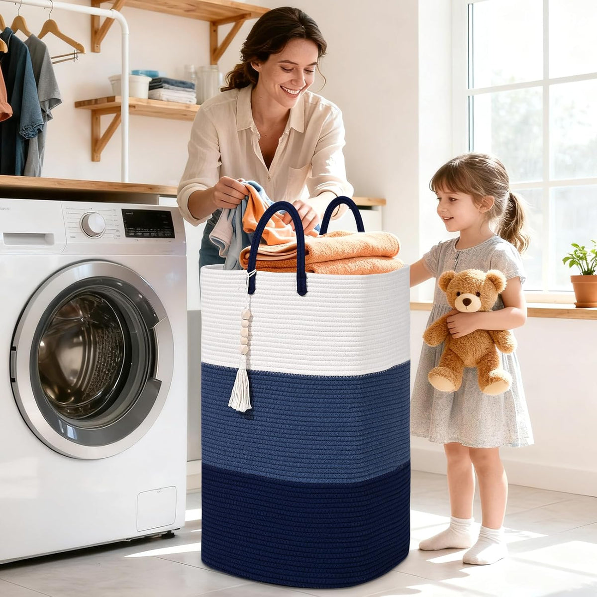 Woven Laundry Basket for Clothes,65 L Large Rectangle Laundry Hampers with Beads Tassel, Nursery