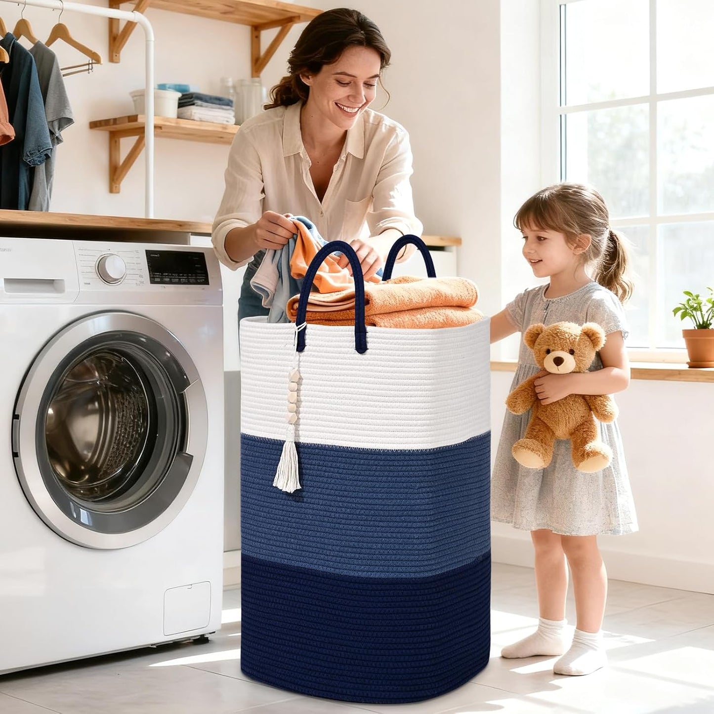 Woven Laundry Basket for Clothes,100 L Large Rectangle Laundry Hampers with Beads Tassel, Nursery