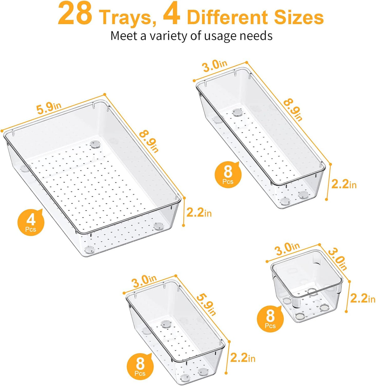 SMARTAKE 28 Piece Drawer Organizers with Non-Slip Silicone Pads, 4-Size Desk Drawer Organizer Trays