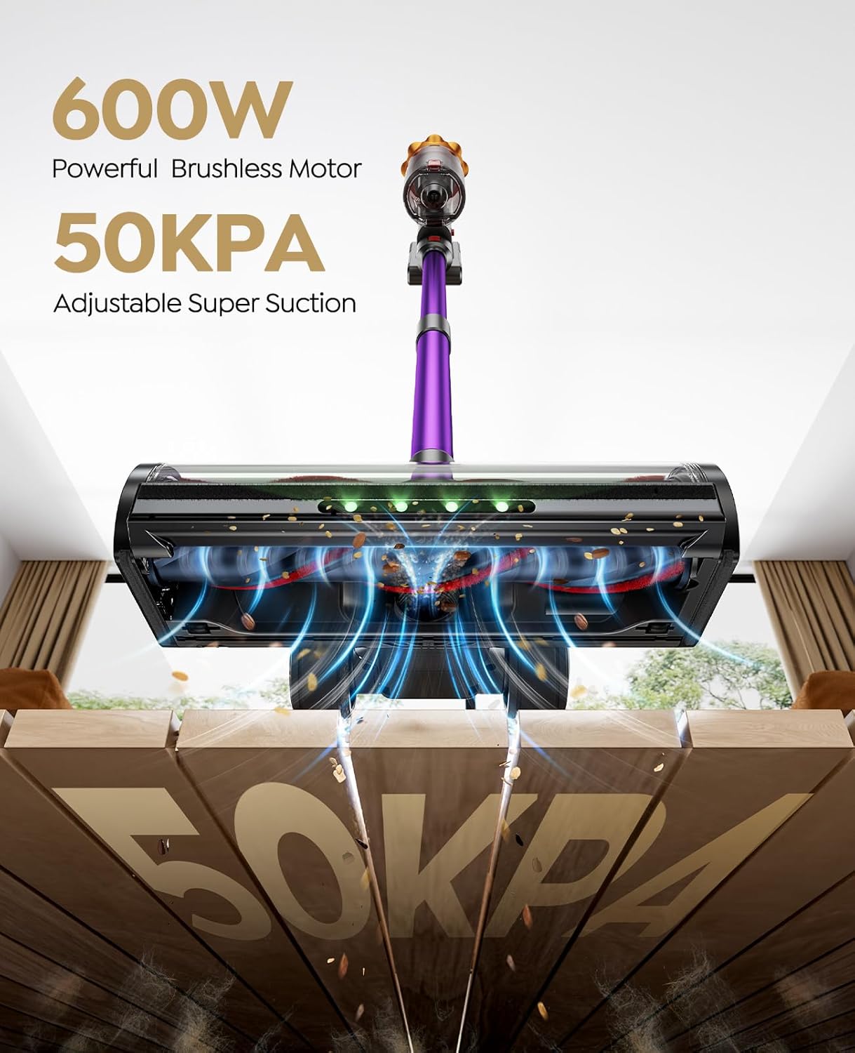 Cordless Vacuum Cleaner, 600W/50KPA/65Mins(ECO Mode) Vacuum Cleaners for Home, Self-Standing Stick