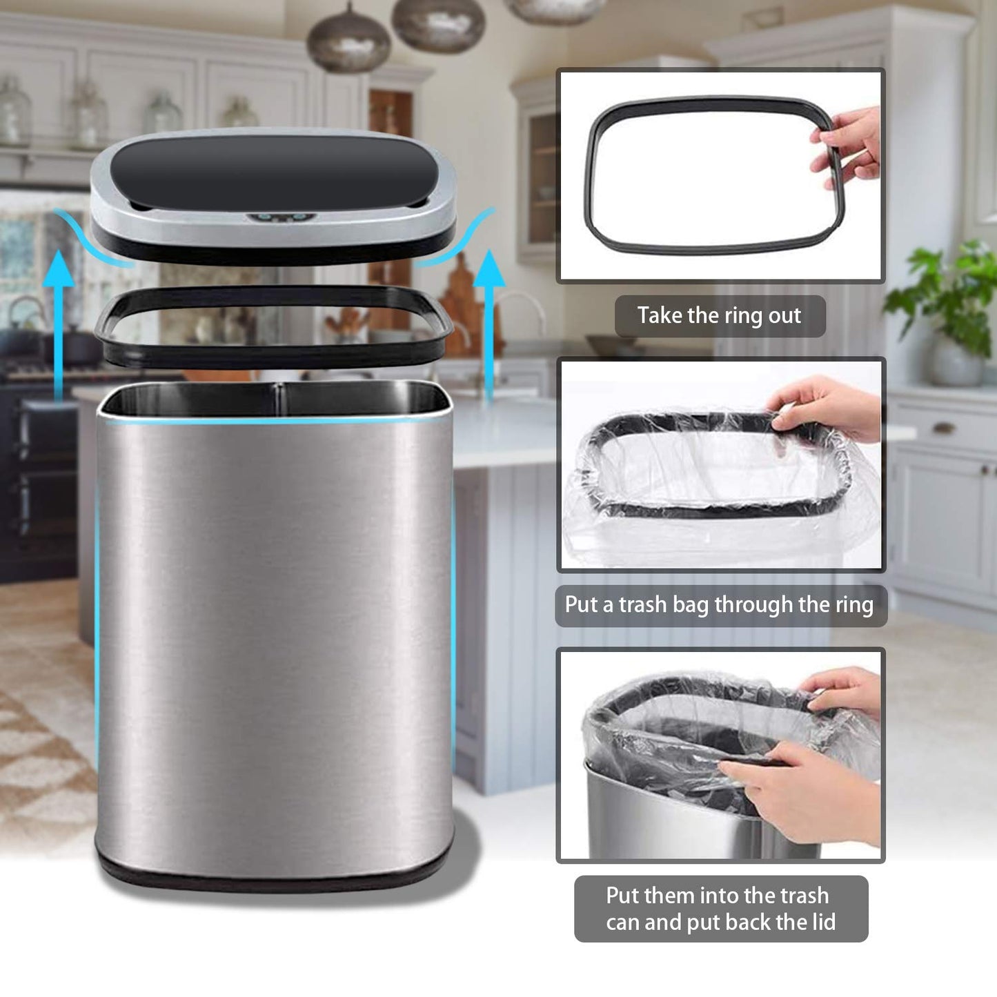 HCB Trash Can Automatic Waste Bin Mute Metal Garbage Can with Lid Stainless Steel 13 Gallon 50
