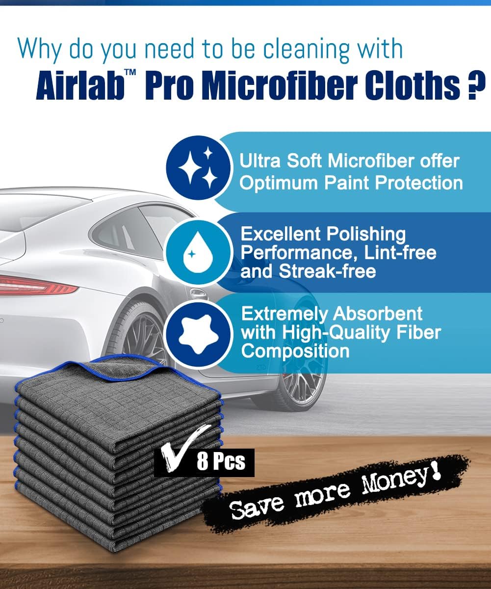 Airlab Microfiber Towels for Cars Wash Drying Auto Detailing, Highly Absorbent, Lint-Free