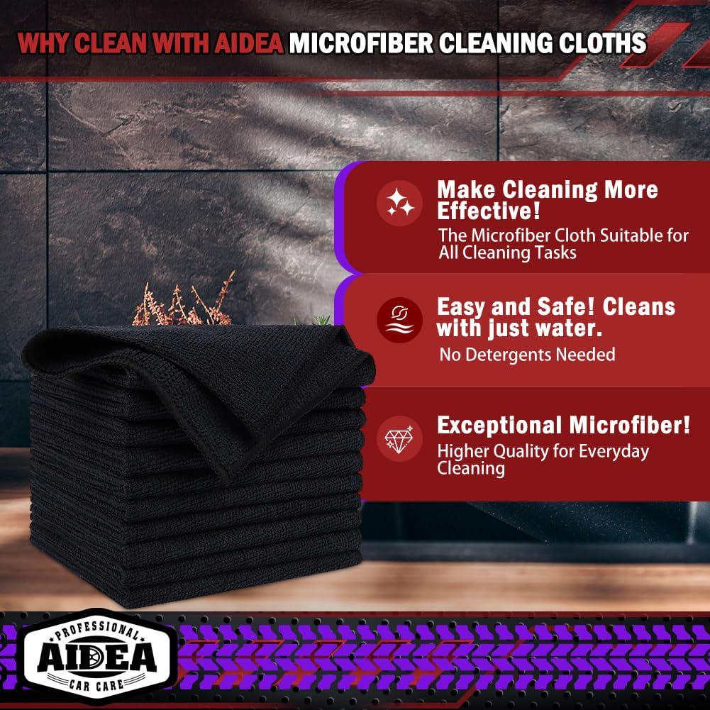 AIDEA Microfiber Cleaning Cloth Black 20PK, Microfiber Towels for Cars, Premium Car Cloth, Dusting