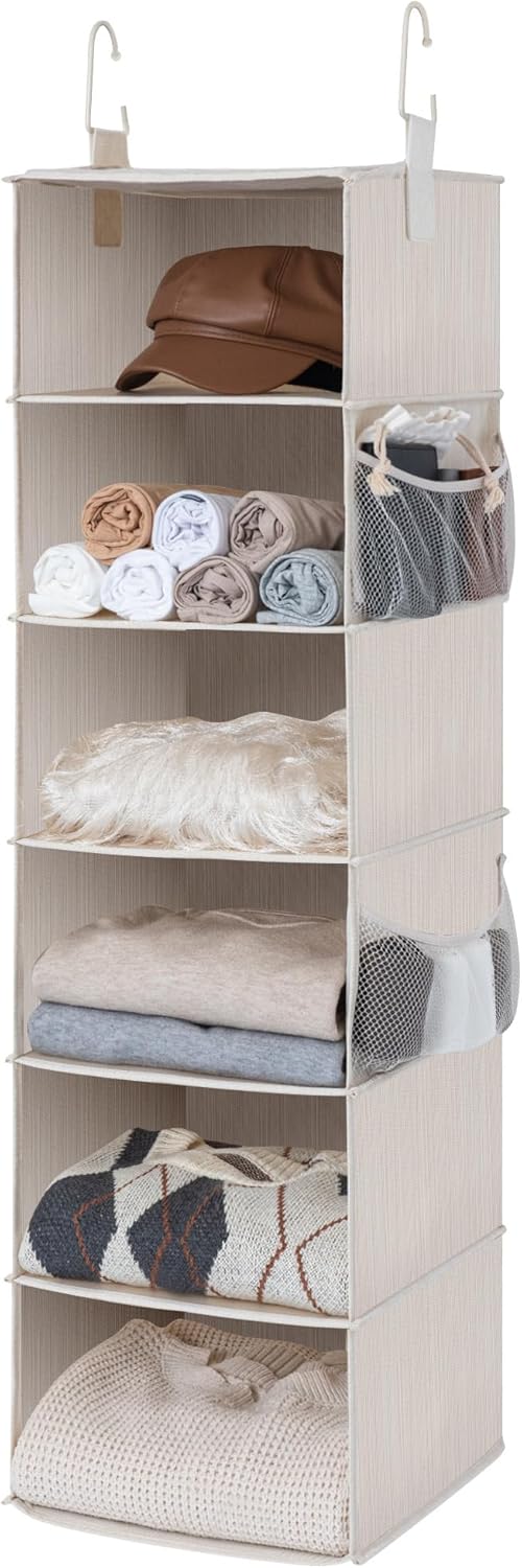 StorageWorks 6-Shelf Hanging Closet Organizer, Hanging Shelves for Closet, Fabric, Mixing of Beige