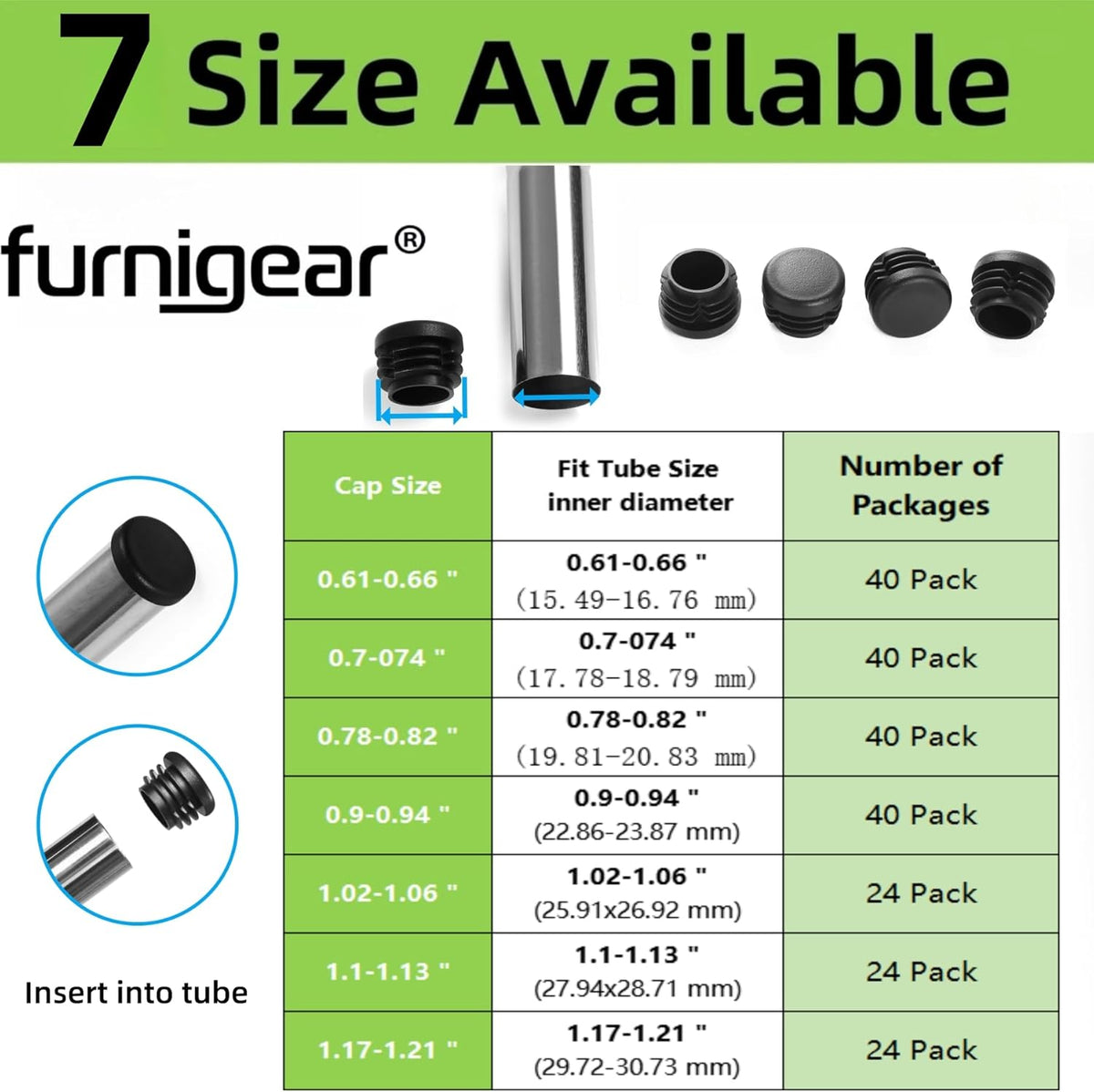 Furnigear Plastic Plugs Tubing End Caps Chair End Caps 1 3/16" Outside Bottom Round Tubing Caps