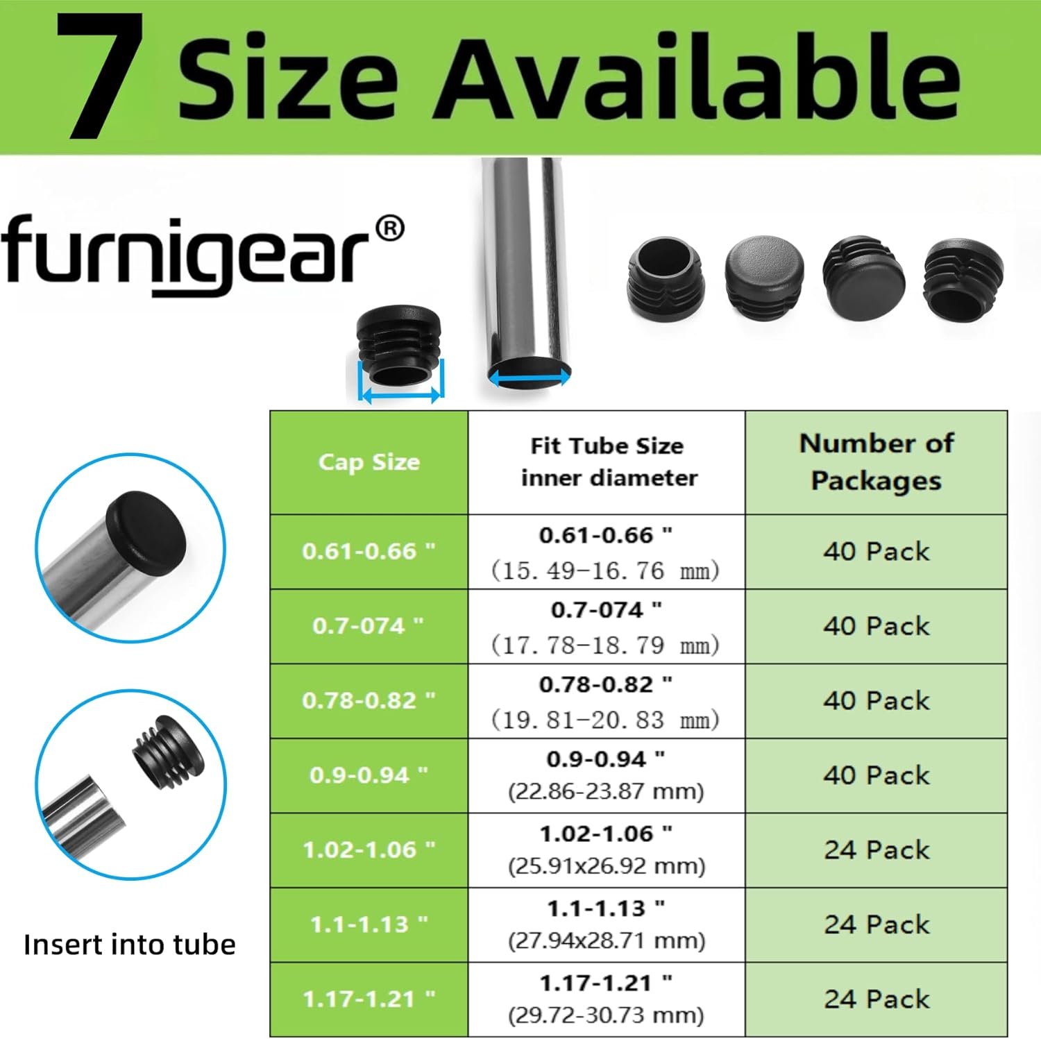 Furnigear Plastic Plugs Tubing End Caps Chair End Caps 11/16" Outside Bottom Round Tubing Caps