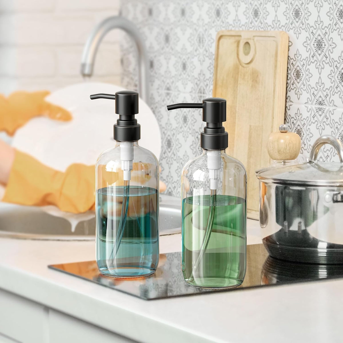 AmazerBath Glass Soap Dispenser, 2-Pack Clear Glass Soap Dispenser with Pump Bronze Rustproof, 17