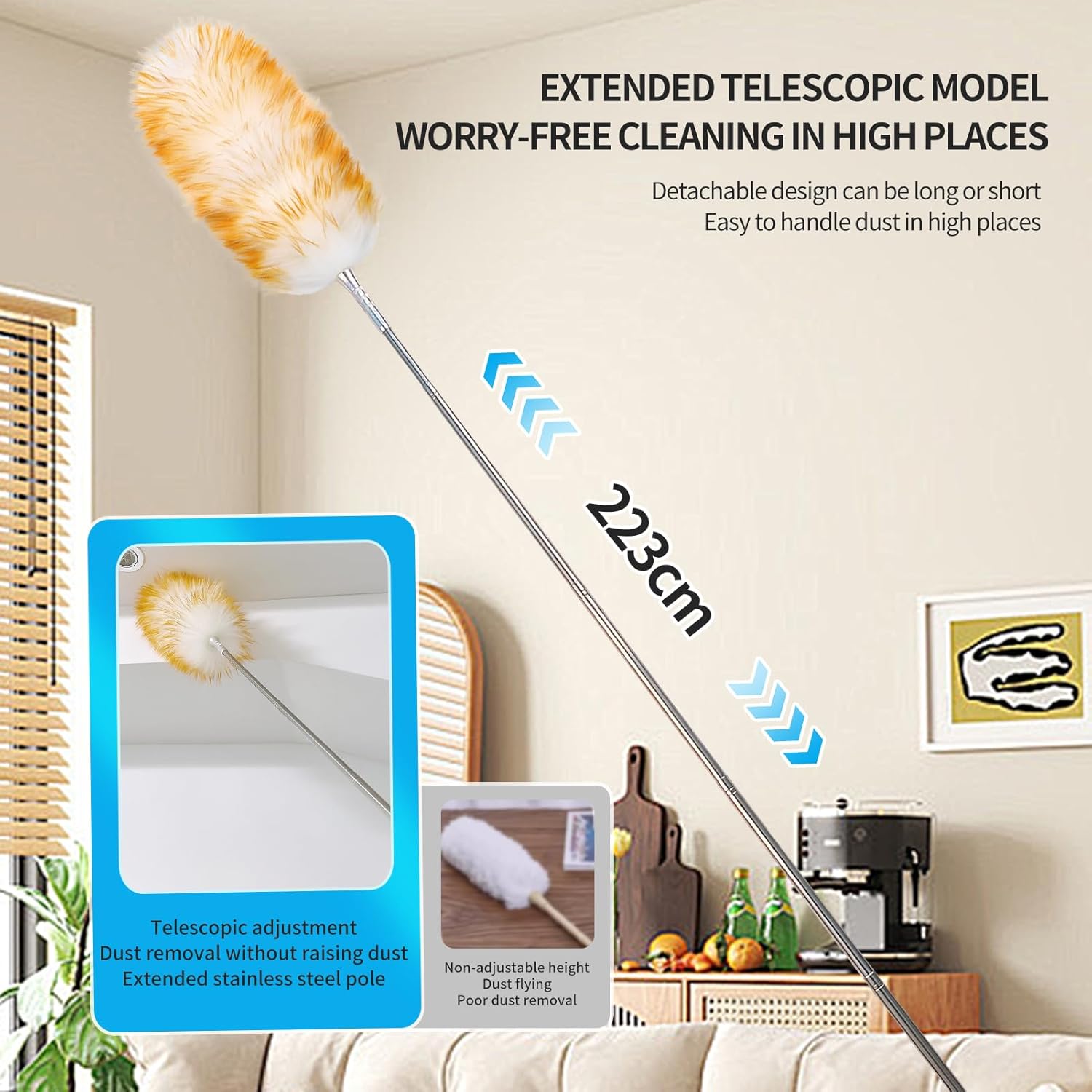 Lambswool Duster for Cleaning with Solid Wooden Handle Leather Hang Strap 87.8" Removable