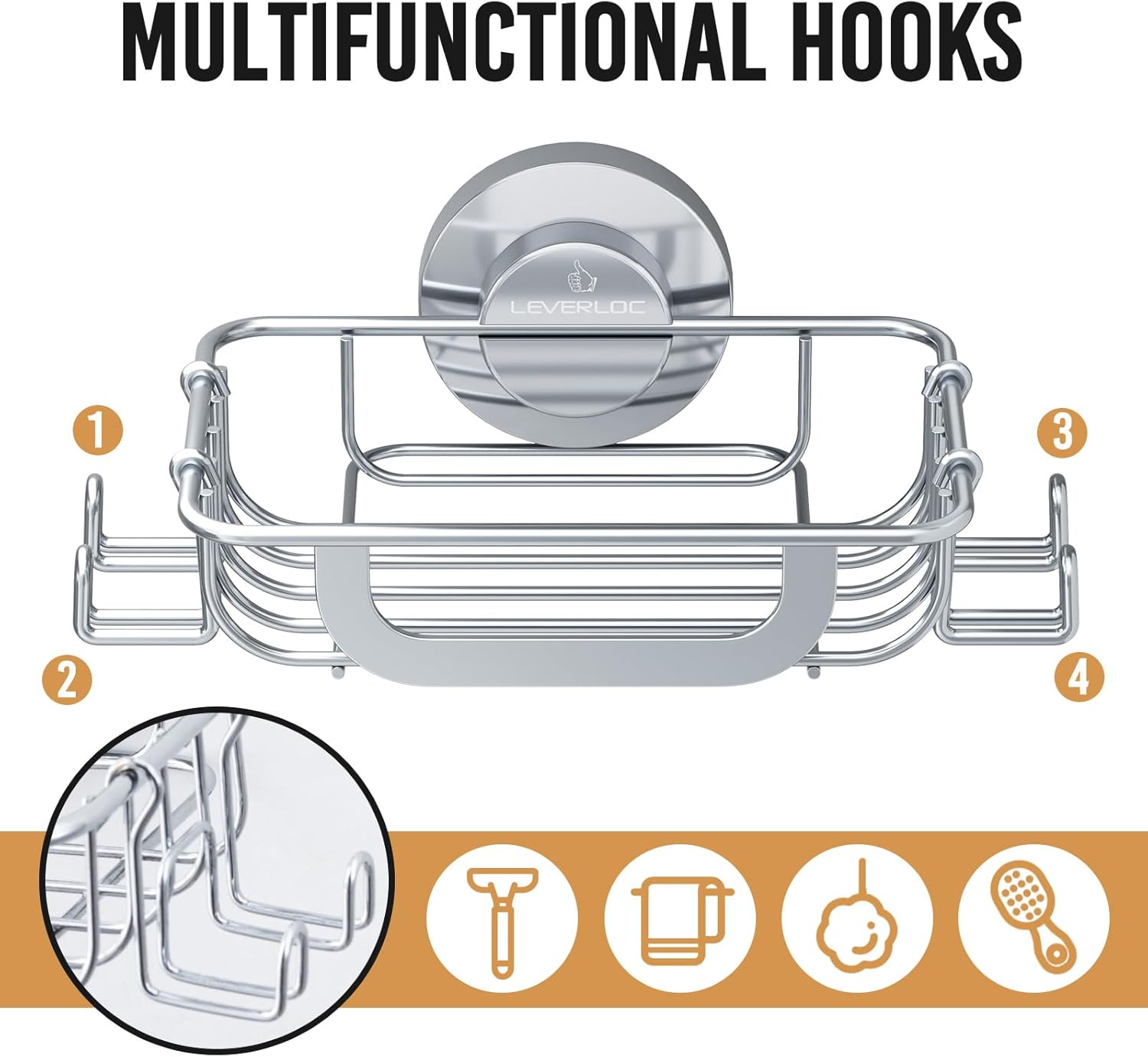 LEVERLOC Bar Soap Holder Dish with Hooks, Soap Tray Suction Cup Wall Mounted for Shower, Stainless