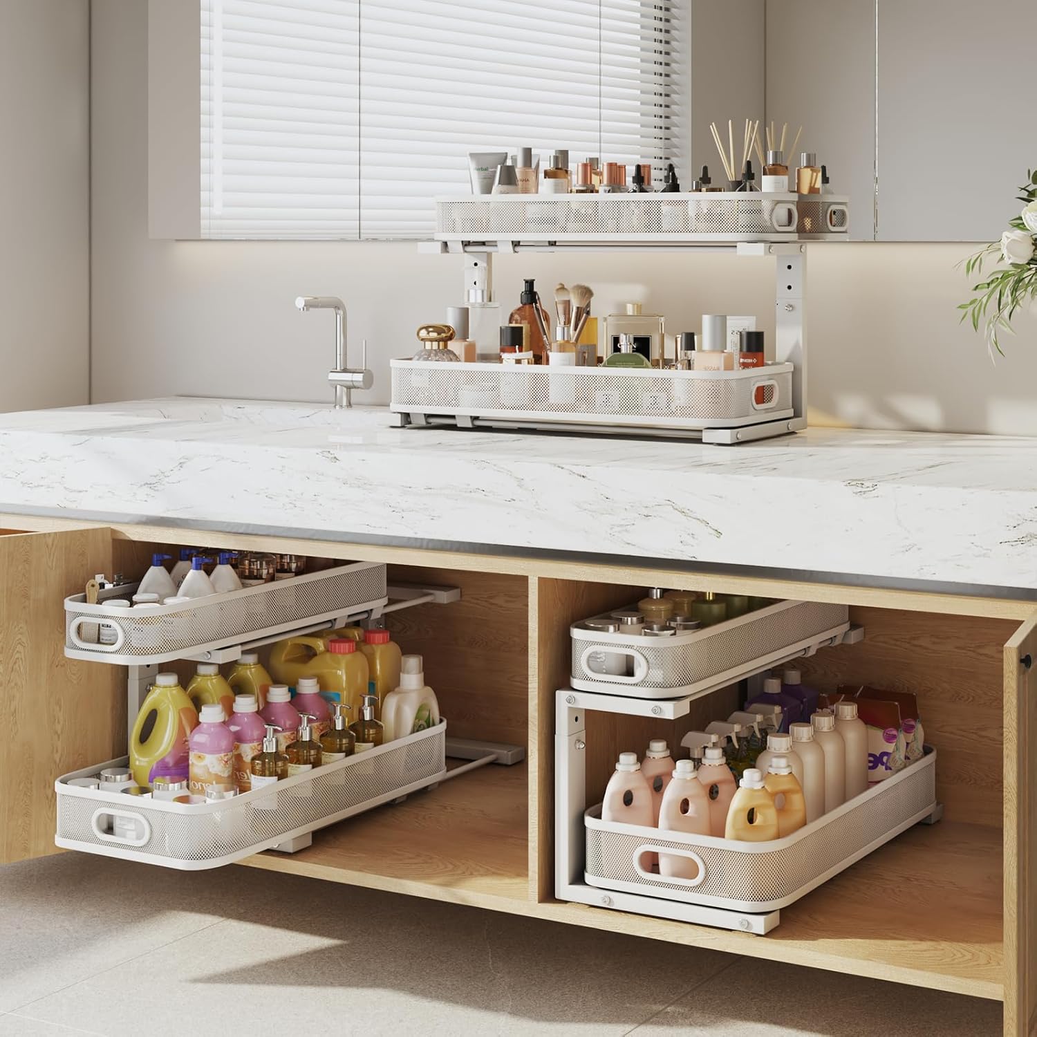 2 Pack 21.3IN-Depth Under Sink Organizer with Smooth Cylindrical Rail,2-Tier Pull Out Multi-Purpose