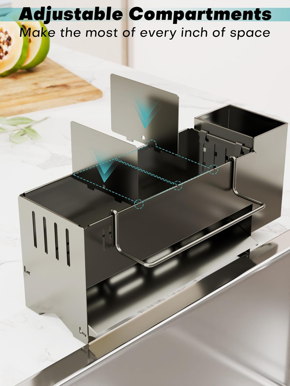 Sponge Holder for Kitchen Sink, Space-Saving Sink Caddy with Brush Holder, Kitchen Countertop