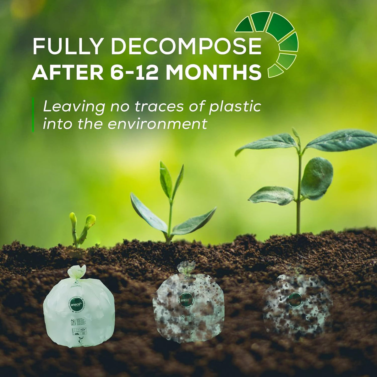 ANECO 100% Compostable Waste Bags 2.6 Gallon (Flat Top Bags, 50 Count) Extra Strong Kitchen Small